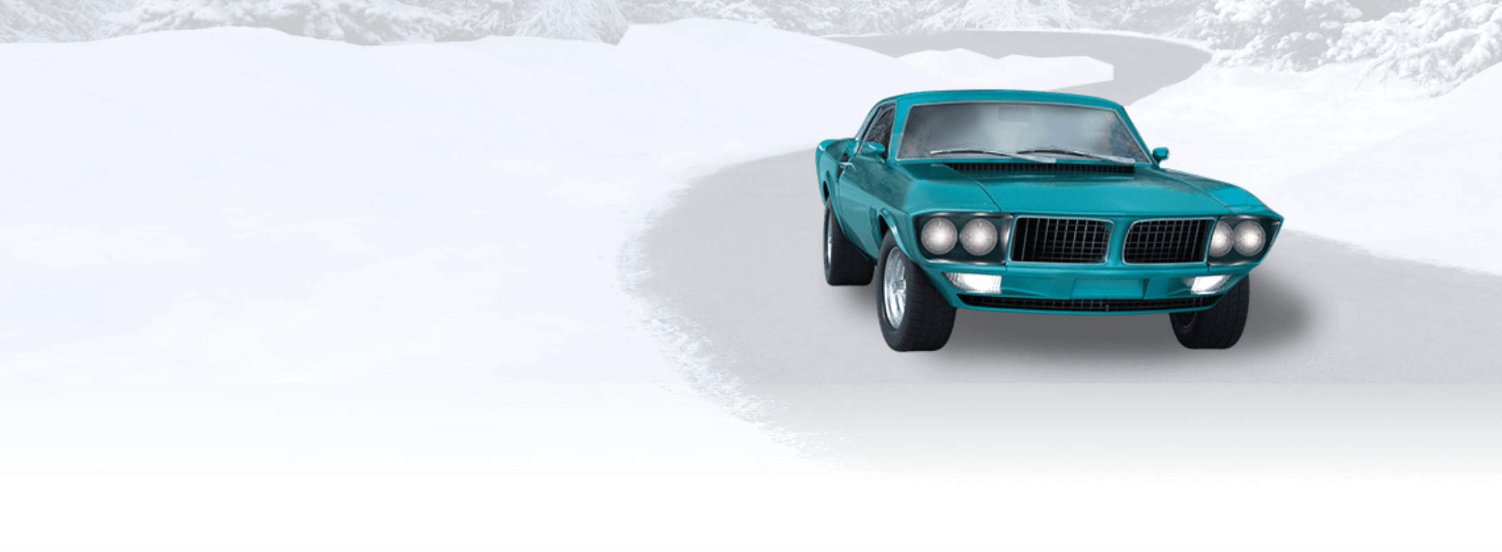 Muscle car for ZEPZELCA on road with winter forest background, frontward angle.