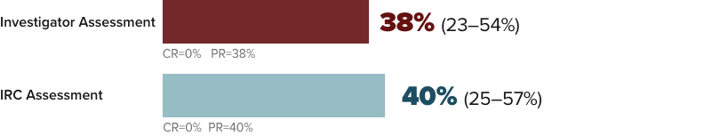 Infographic showing ORR (CR + PR) in patients with CTFI 90 to <180 days by Investigator and IRC Assessments.