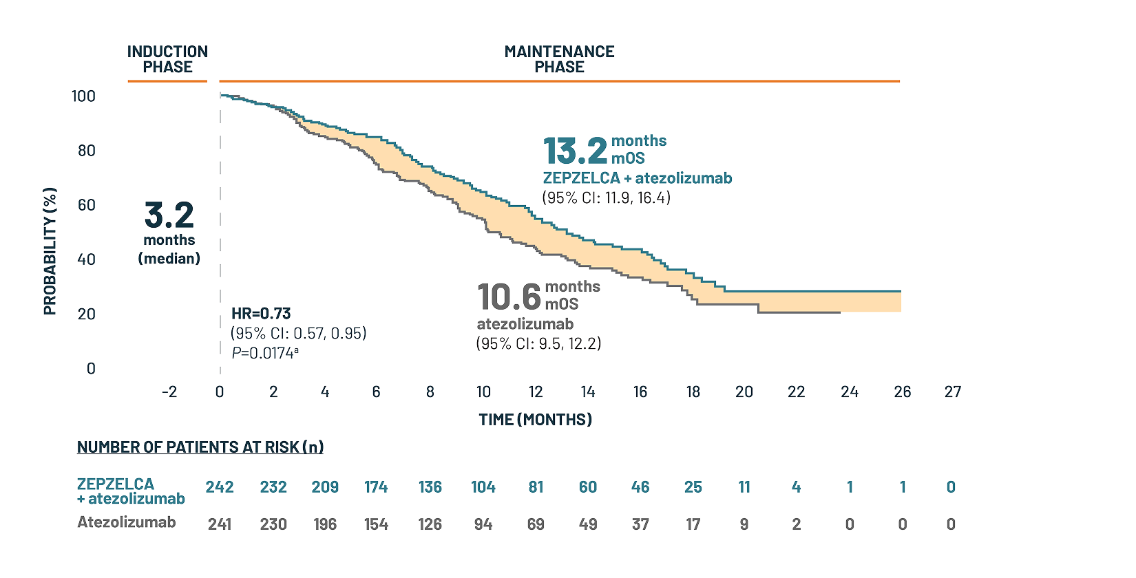 Median OS KM curve: 13.2 months for ZEPZELCA + atezolizumab (n=242) vs 10.6 months for atezolizumab (n=241) [HR=0.73; 95% CI: 0.57, 0.95; P=0.0174(a)]. Nearly 3-month survival benefit (2.6 months).