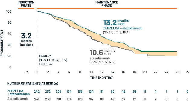 Median OS KM curve: 13.2 months for ZEPZELCA + atezolizumab (n=242) vs 10.6 months for atezolizumab (n=241) [HR=0.73; 95% CI: 0.57, 0.95; P=0.0174(a)]. Nearly 3-month survival benefit (2.6 months).