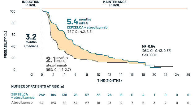 Median PFS KM curve: 5.4 months for ZEPZELCA + atezolizumab (n=242) vs 2.1 months for atezolizumab (n=241) [HR=0.54; 95% CI: 0.43, 0.67; P <0.0001(b)]. Over 3-month survival benefit (3.3 months).