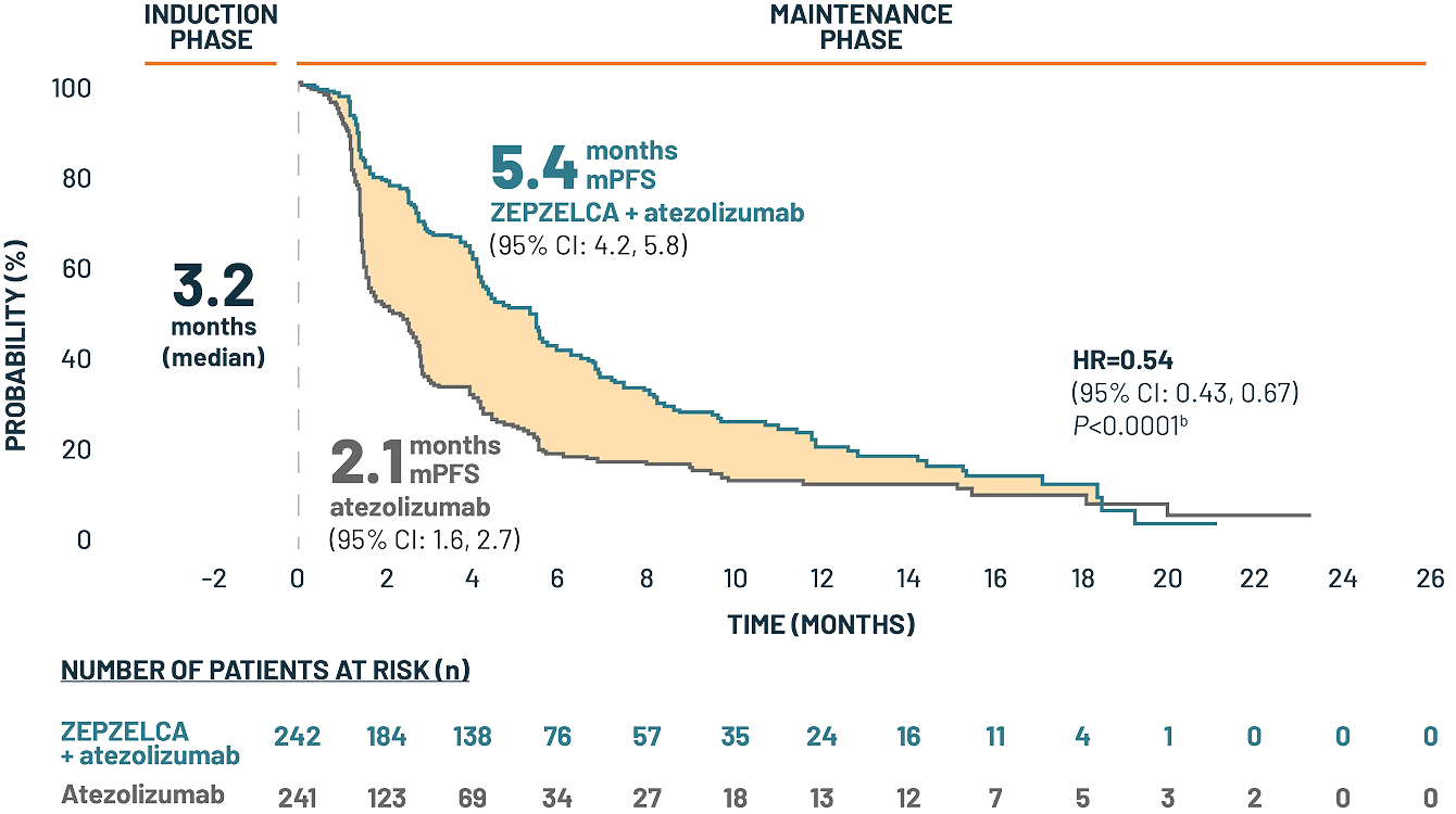 Median PFS KM curve: 5.4 months for ZEPZELCA + atezolizumab (n=242) vs 2.1 months for atezolizumab (n=241) [HR=0.54; 95% CI: 0.43, 0.67; P <0.0001(b)]. Over 3-month survival benefit (3.3 months).