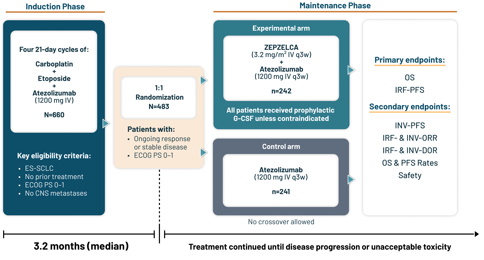 Diagram showing the induction, randomization, and maintenance phases, with key eligibility criteria, treatment arms, and primary/secondary endpoints.