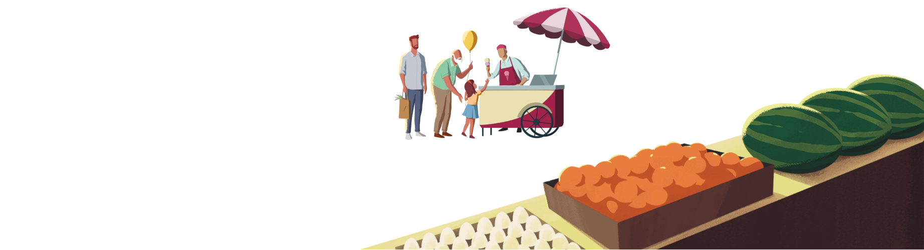 Illustration of an ice cream cart and vendor who is handing an ice cream cone to a young boy and his grandfather.