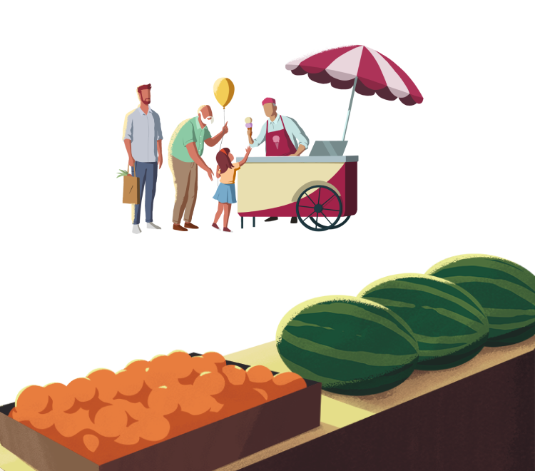 Illustration of an ice cream cart and vendor who is handing an ice cream cone to a young boy and his grandfather.
