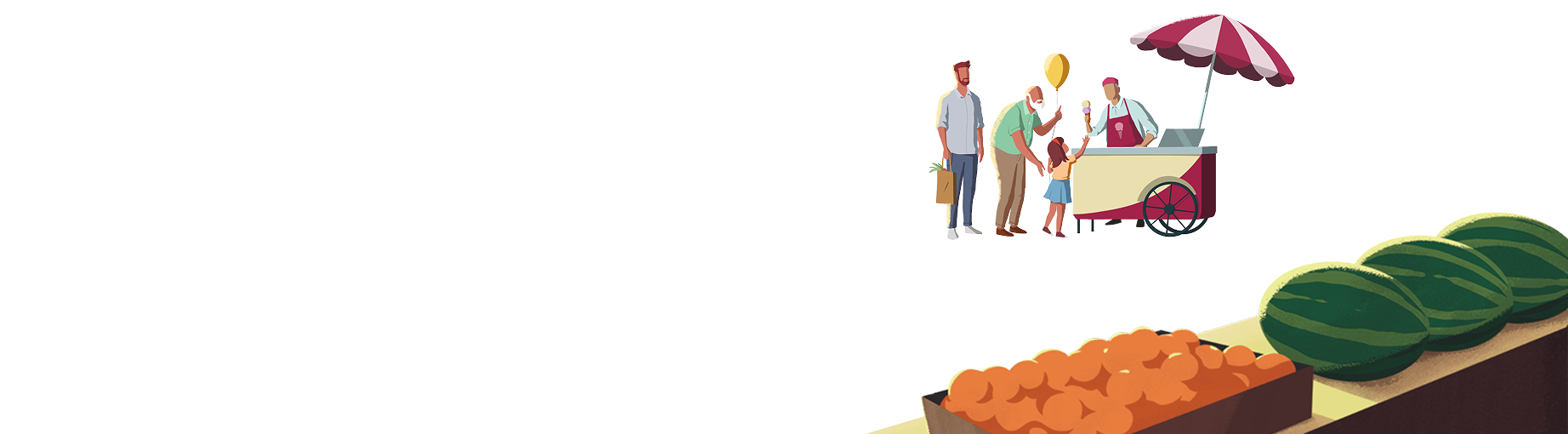 Illustration of an ice cream cart and vendor who is handing an ice cream cone to a young boy and his grandfather.