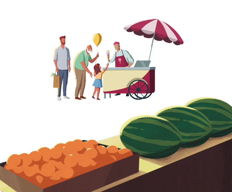 Illustration of an ice cream cart and vendor who is handing an ice cream cone to a young boy and his grandfather.