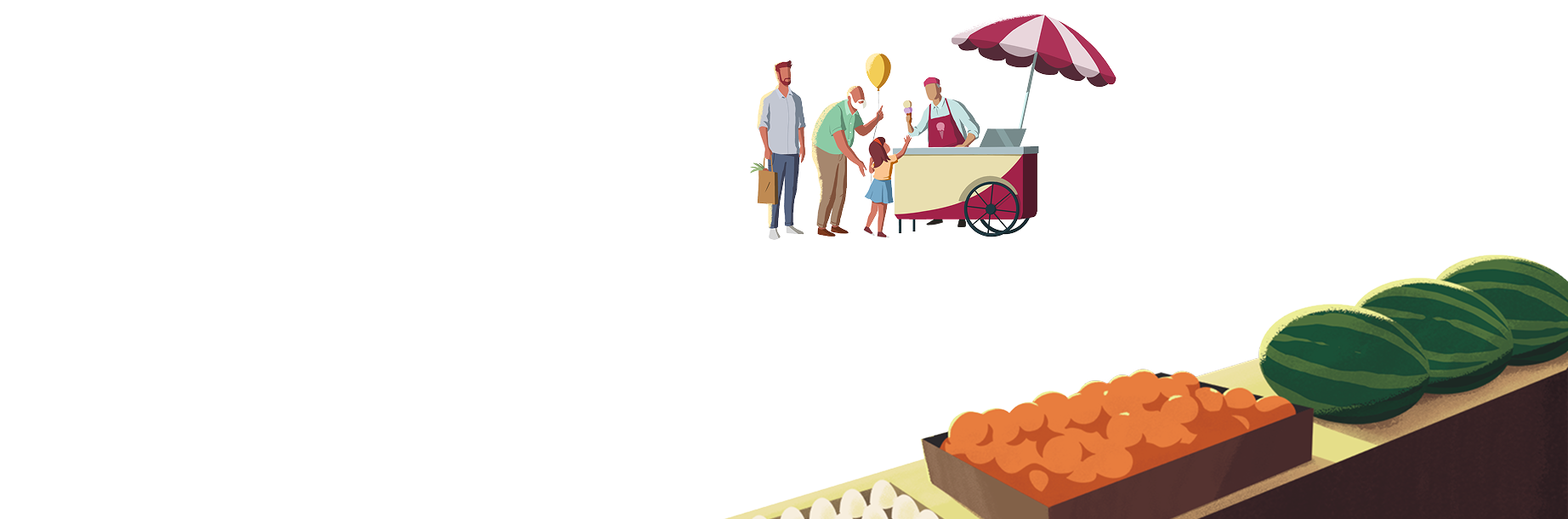 Illustration of an ice cream cart and vendor who is handing an ice cream cone to a young boy and his grandfather.