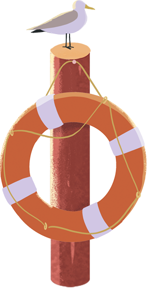 Illustration of a seagull sitting upon a short wooden pole that holds a life preserver.
