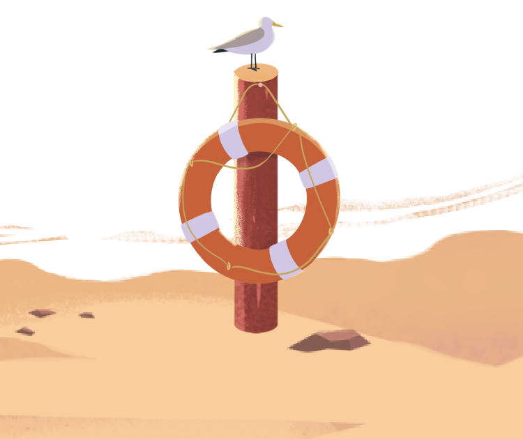 Illustration of a beach populated with sunbathers.