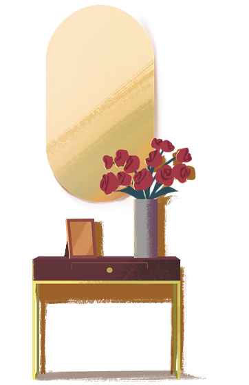 Illustration of a side table with a vase of flowers on it, below a mirror.